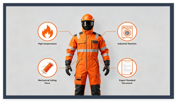 Flame-retardant accessory test metrics: after-flame, after-glow, damaged length, thermal stability, washing durability, mechanical strength