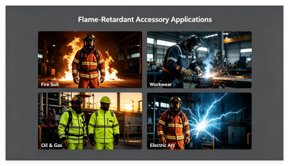 Frefr full range of flame-retardant accessories: zippers, sewing threads, webbings, reflective tapes, hook-and-loop fasteners and fabrics