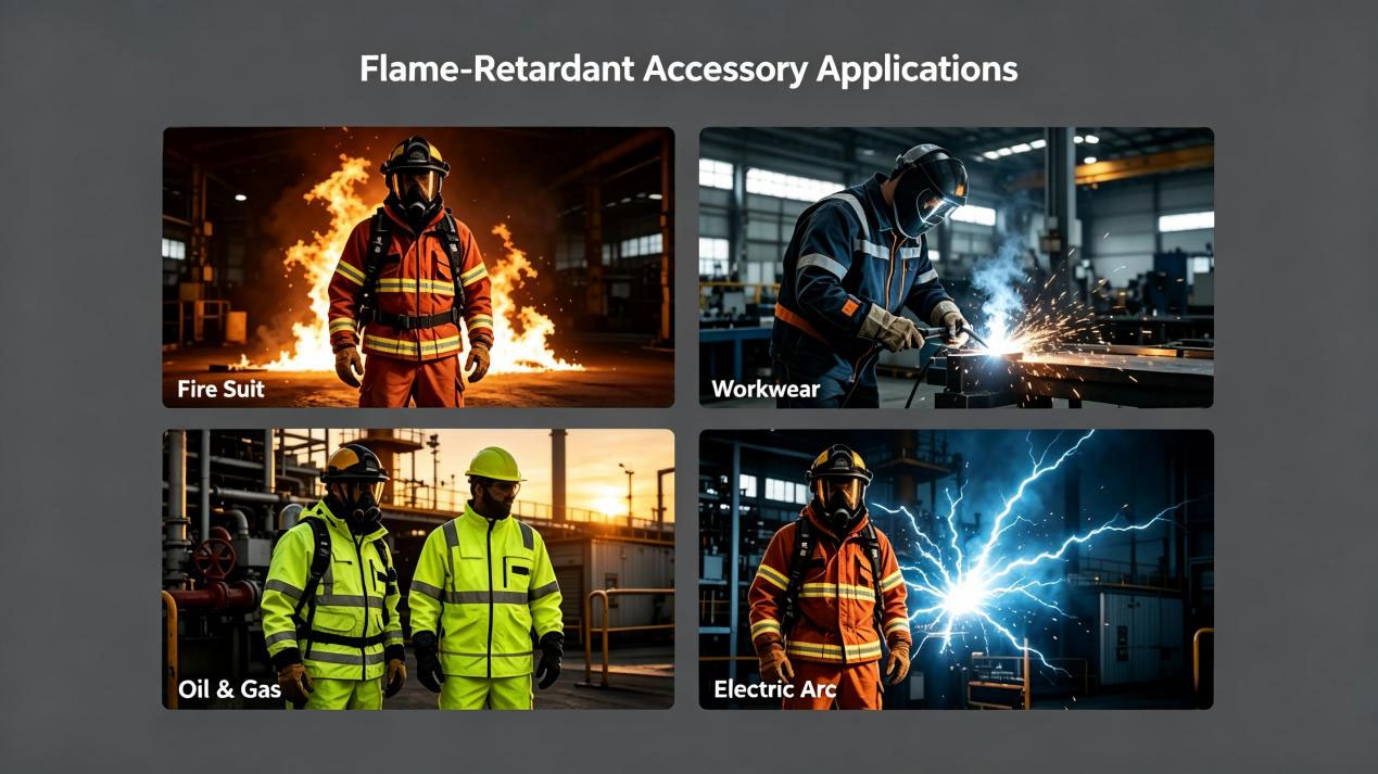 Frefr full range of flame-retardant accessories: zippers, sewing threads, webbings, reflective tapes, hook-and-loop fasteners and fabrics